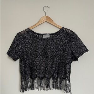Vintage Sparkly Sheer Black Fringe Crop Top